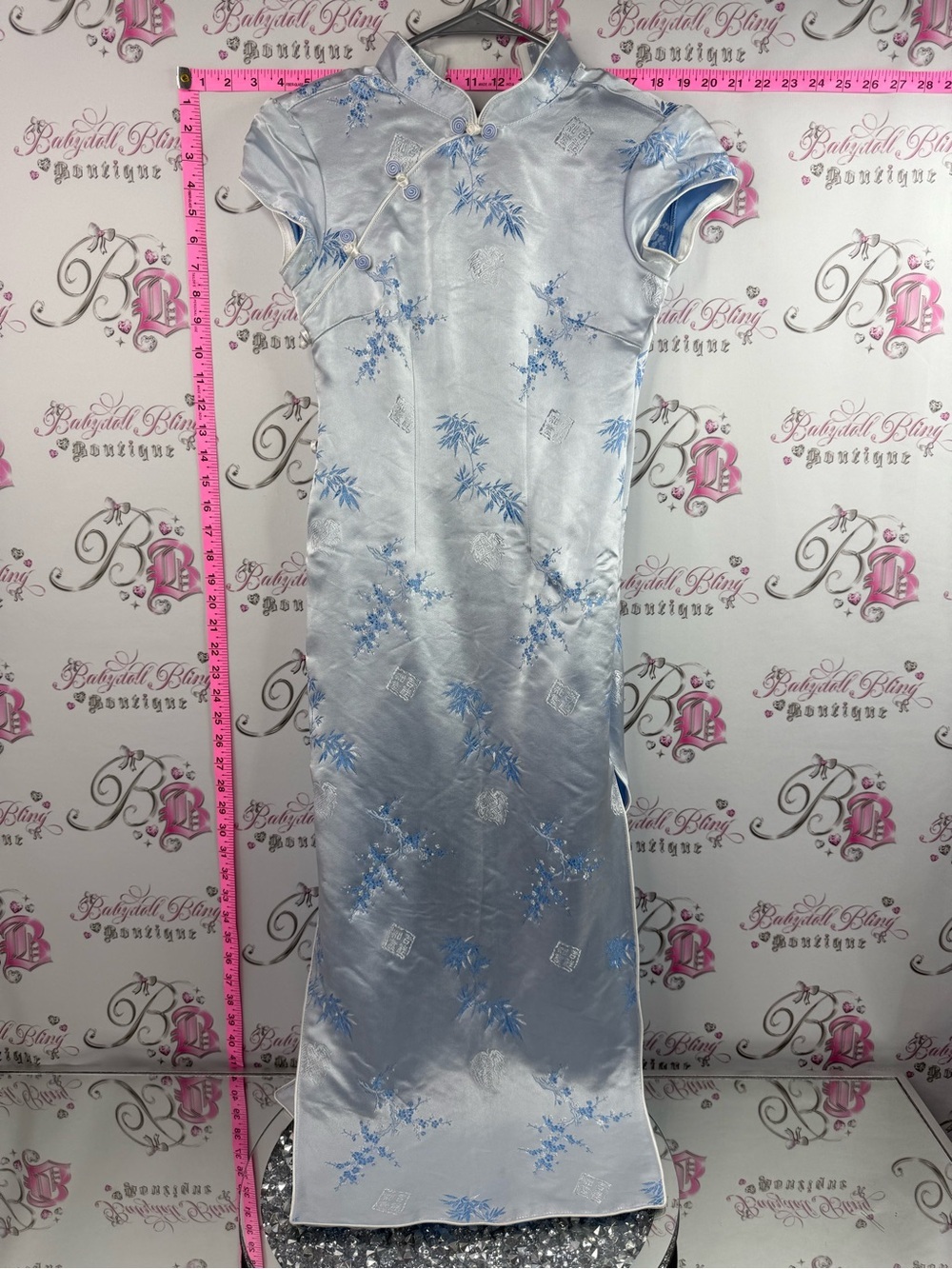 Dress long style shiny flowers Light Blue Satin Floral Cheongsam Qipao Dress